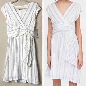 Zara Linen Blend Striped Asymmetrical Gathered Dress NEW